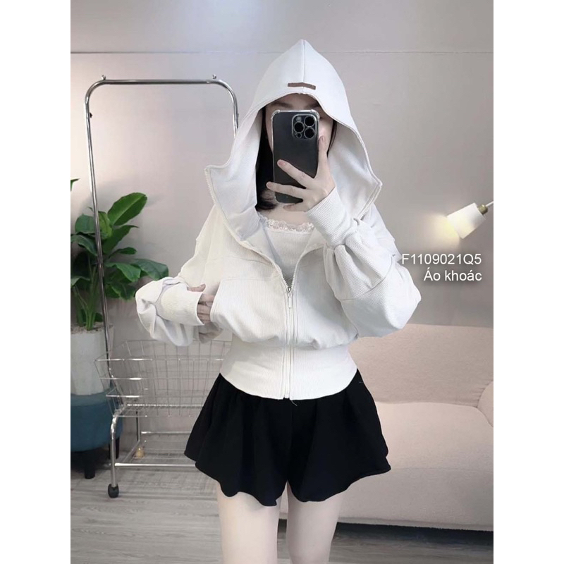 Áo khoác thun gân form lửng có nón kéo khoá tay dài