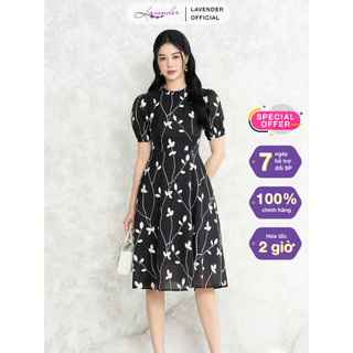 Đầm công sở thiết kế lavender fashion dáng xòe đen họa tiết lá thêu nổi d2906