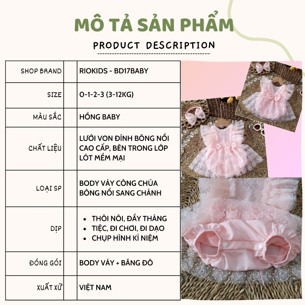 Body váy lưới hoa hồng RIOKIDS cho bé gái sơ sinh mặc thôi nôi, đầy tháng, đi chơi tiệc BD17