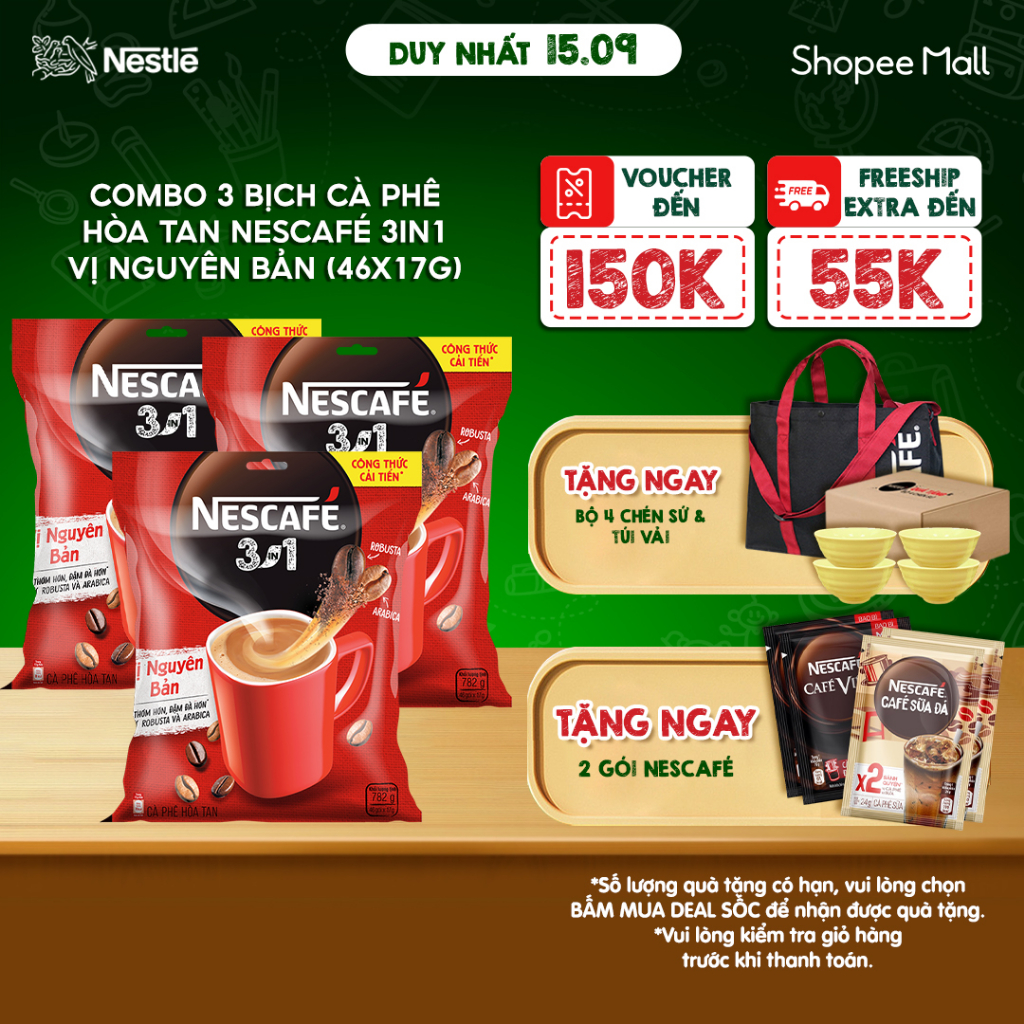 Combo 3 Bịch cà phê hoà tan NESCAFÉ 3IN1 công thức cải tiến - VỊ NGUYÊN BẢN (3x46)