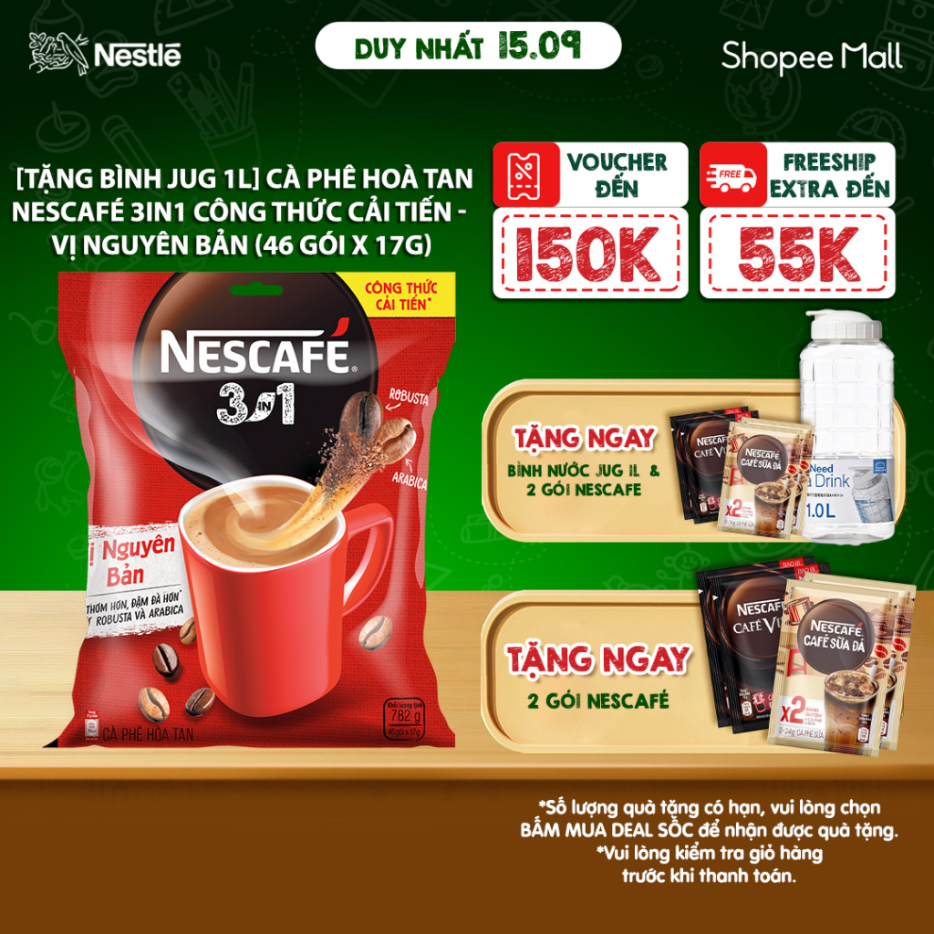 Cà phê hoà tan NESCAFÉ 3IN1 công thức cải tiến - vị Nguyên Bản (bịch 46 gói)