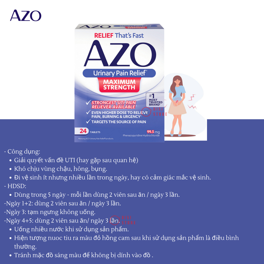 Azo Maximum Strength Hộp Xanh Loại 24 Viên Dành Cho UTI / Đau Hông Chậu / Đường Niệu Bàng Quang - DISI