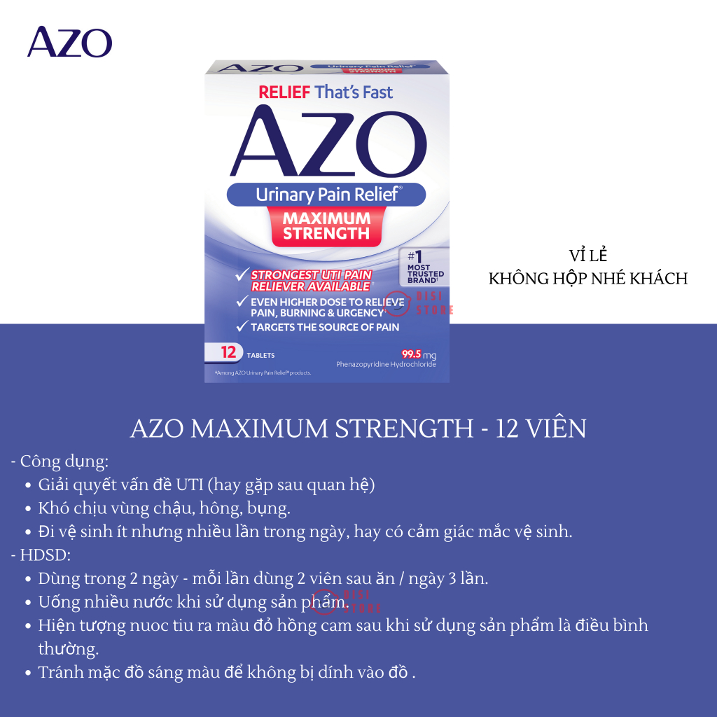 Azo Maximum Strength Hộp Xanh Loại 24 Viên Dành Cho UTI / Đau Hông Chậu / Đường Niệu Bàng Quang - DISI