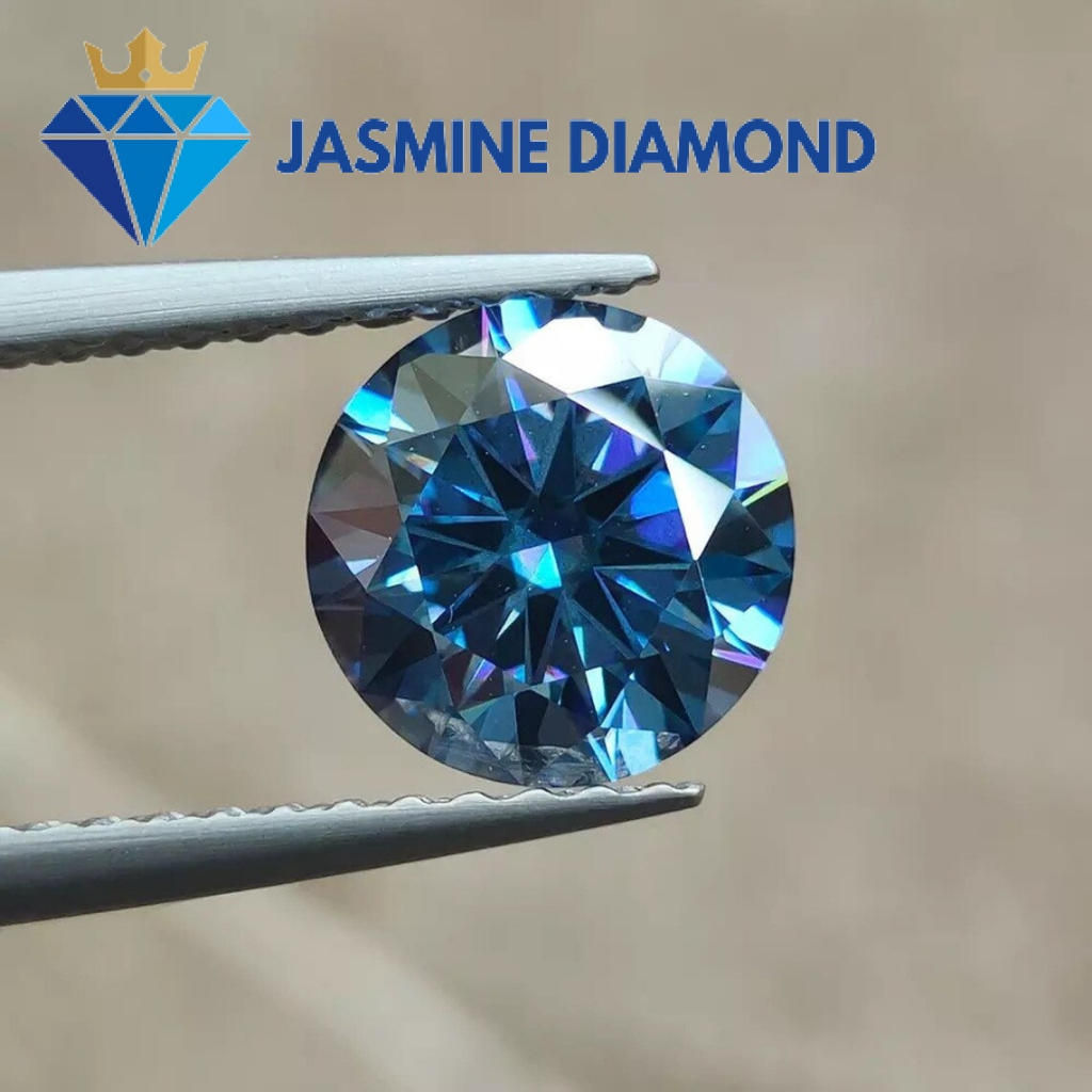 (Size từ 11-15 ly) Kim cương nhân tạo Mỹ Moissanite giác cắt tròn màu xanh dương