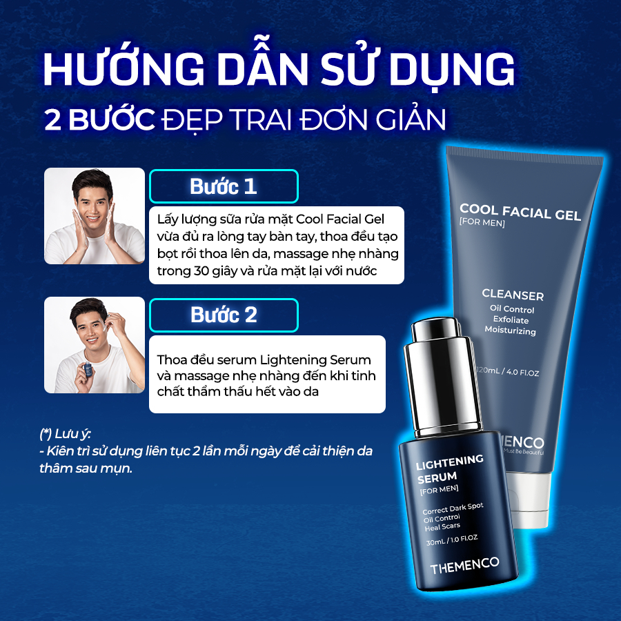 Combo Serum Mờ Thâm Trắng Da Kiềm Dầu Dành Cho Nam Giới Lightening Serum 30ml và Sữa rửa mặt Cool Facial Gel 120ml