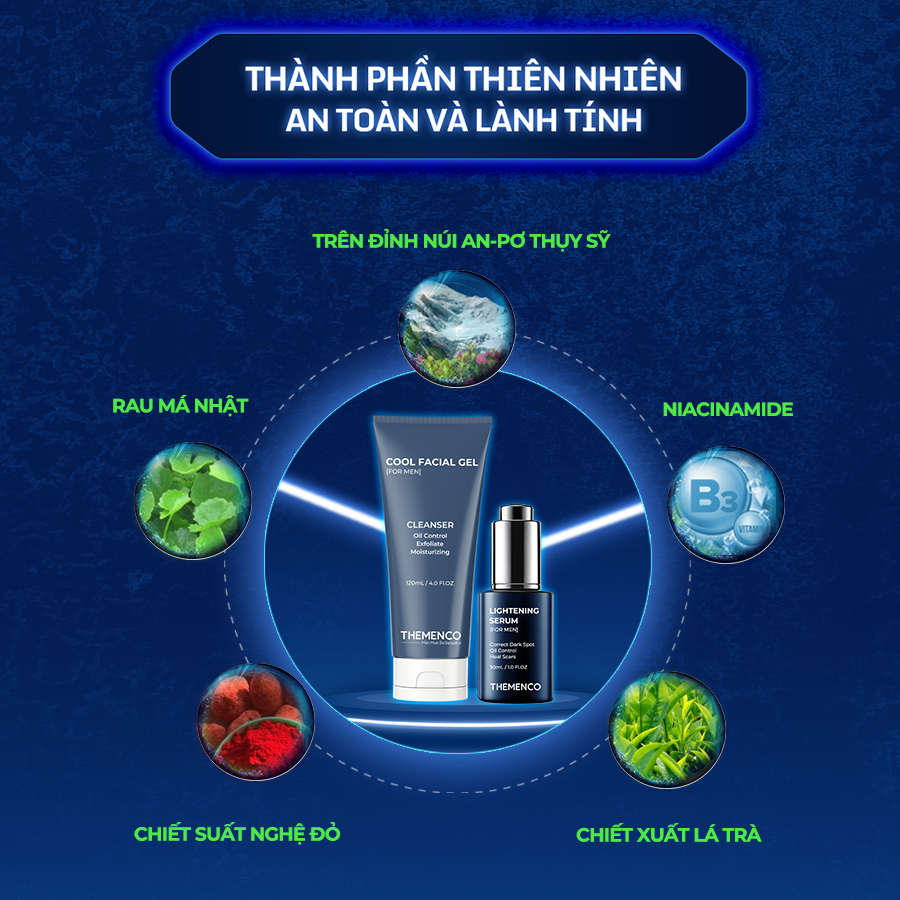 Combo Serum Mờ Thâm Trắng Da Kiềm Dầu Dành Cho Nam Giới Lightening Serum 30ml và Sữa rửa mặt Cool Facial Gel 120ml