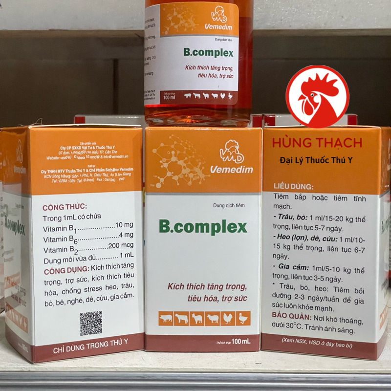 Bcomplex 100ml VMD gồm có 3B  giúp gia súc, gia cầm tăng trọng, tiêu hoá tốt và trợ sức.