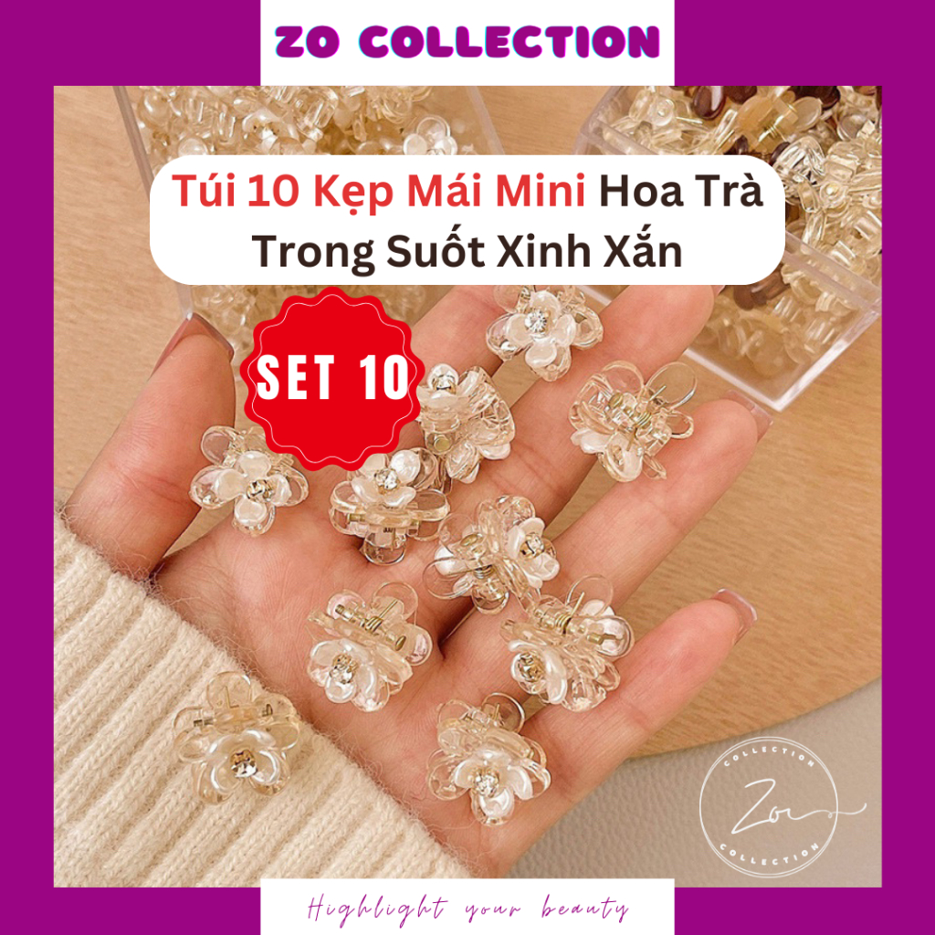 Kẹp Tóc Mái Mini 10 Chiếc Trong Suốt Hình Hoa Trà, Kẹp Càng Cua Mini Hoa Trà Phong Cách Hàn Quốc Dành Cho Nữ