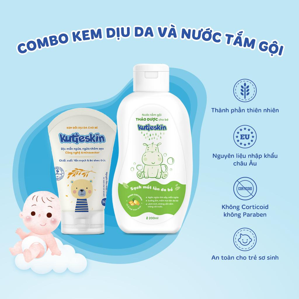 Combo Nước tắm gội thảo dược cho bé Kutieskin 200ml và Kem bôi dịu da cho bé Kutieskin 30g