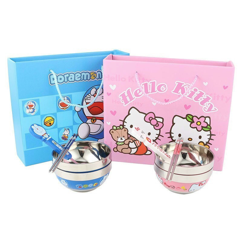 Bộ Bát  Inox 2 Lớp Cách Nhiệt Hình Đôrêmon,Hello Kitty, Gấu Pooh