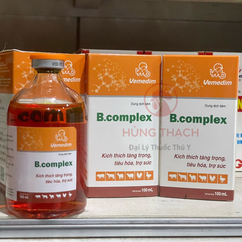 Bcomplex 100ml VMD gồm có 3B  giúp gia súc, gia cầm tăng trọng, tiêu hoá tốt và trợ sức.