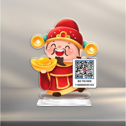 Bảng QR tài khoản ngân hàng để bàn hình ông thần tài,chất liệu Mica,in theo yêu cầu