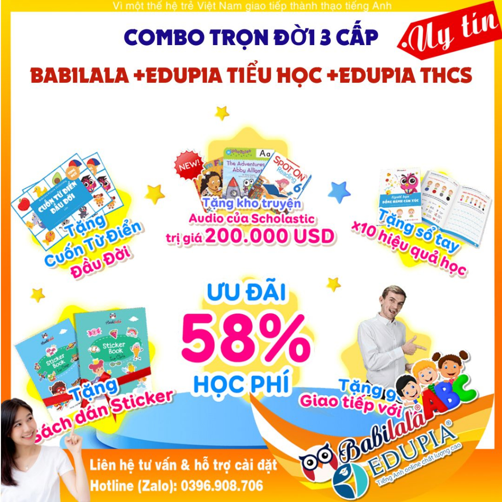 Combo 3 Cấp Trọn Đời (Babilala, Edupia Tiểu Học, Edupia THCS), Tiếng Anh online chất lượng cao