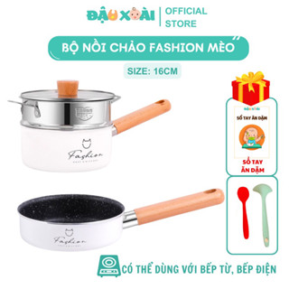 Bộ nồi chảo mèo hấp ăn dặm Fashion Hàn Quốc cán gỗ size 16cm Đậu Xoài Shop