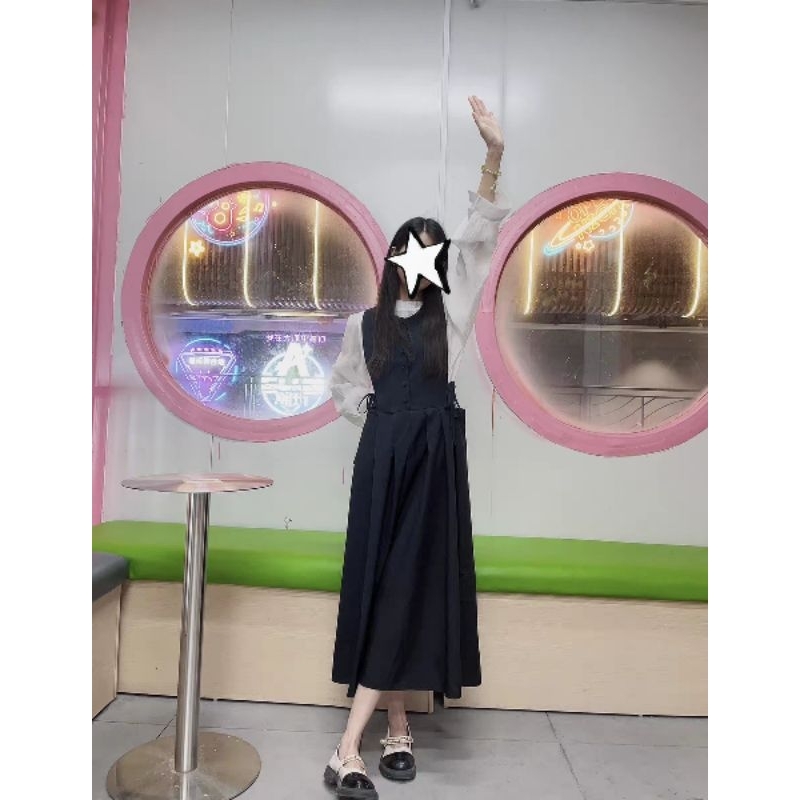 Bộ đồ hai dây váy hai dây eo xếp ly ảnh thật kiểu Pháp và áo sơ mi dài tay cao cổ áo sơ mi tay bồng