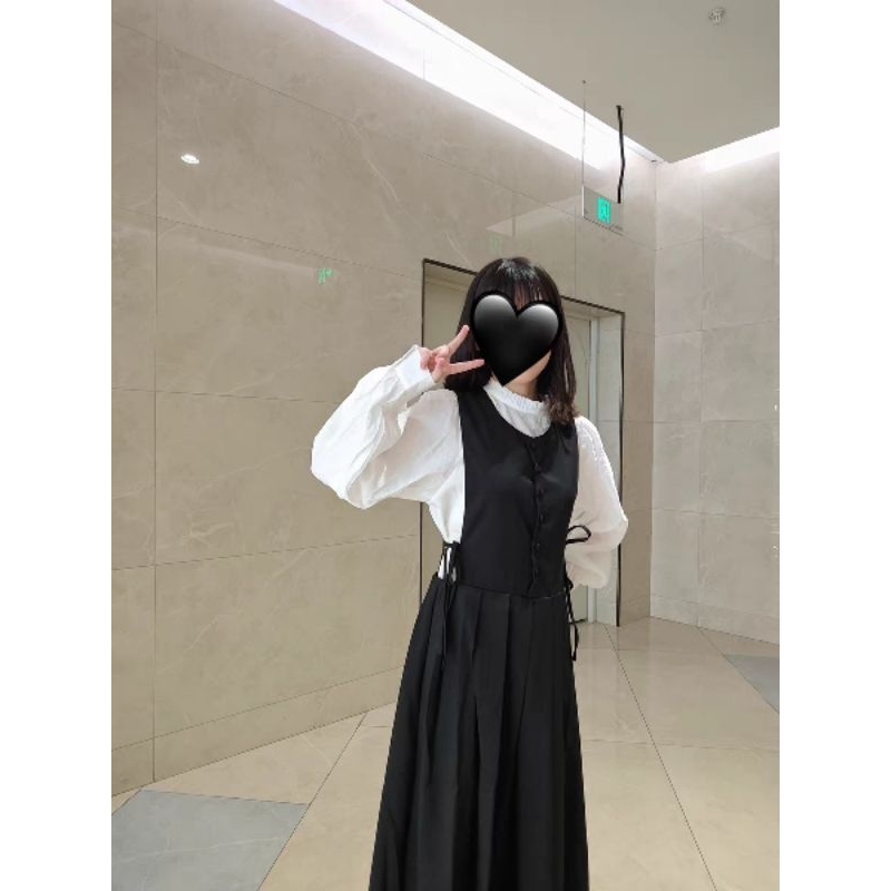 Bộ đồ hai dây váy hai dây eo xếp ly ảnh thật kiểu Pháp và áo sơ mi dài tay cao cổ áo sơ mi tay bồng