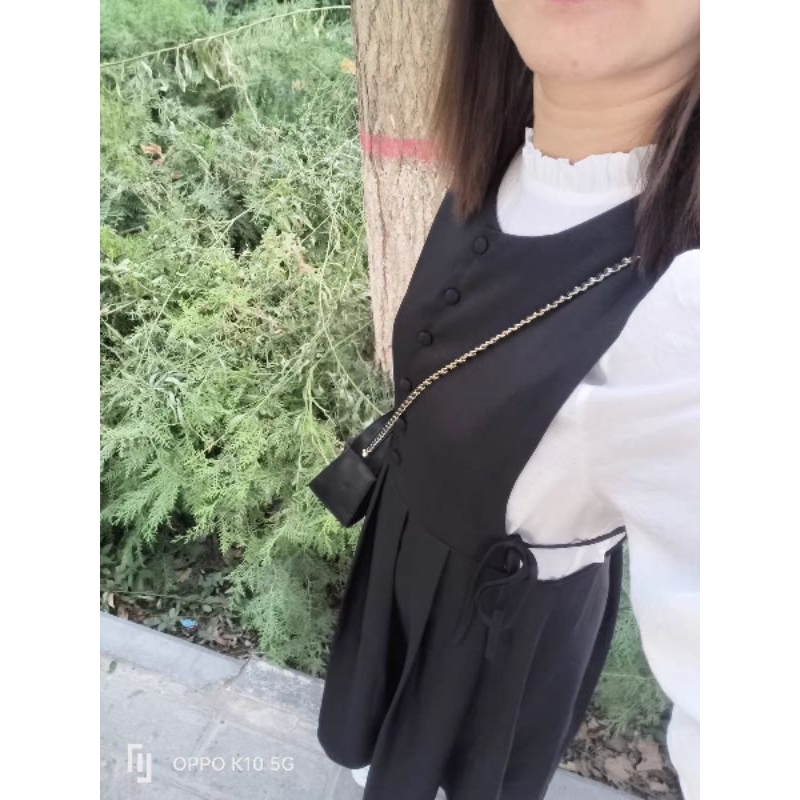 Bộ đồ hai dây váy hai dây eo xếp ly ảnh thật kiểu Pháp và áo sơ mi dài tay cao cổ áo sơ mi tay bồng