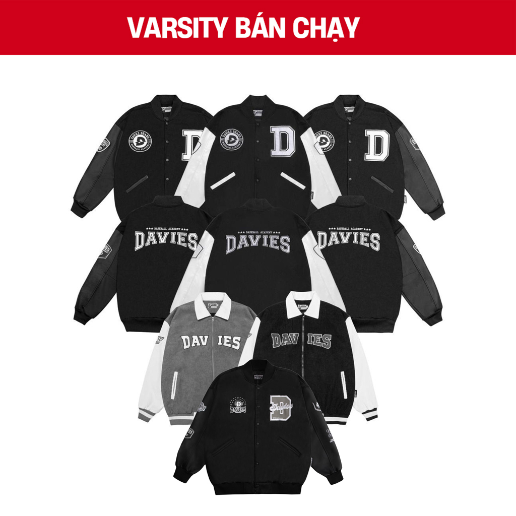 Áo khoác varsity jacket nam nữ màu đen phối tay da đẹp local brand DAVIES