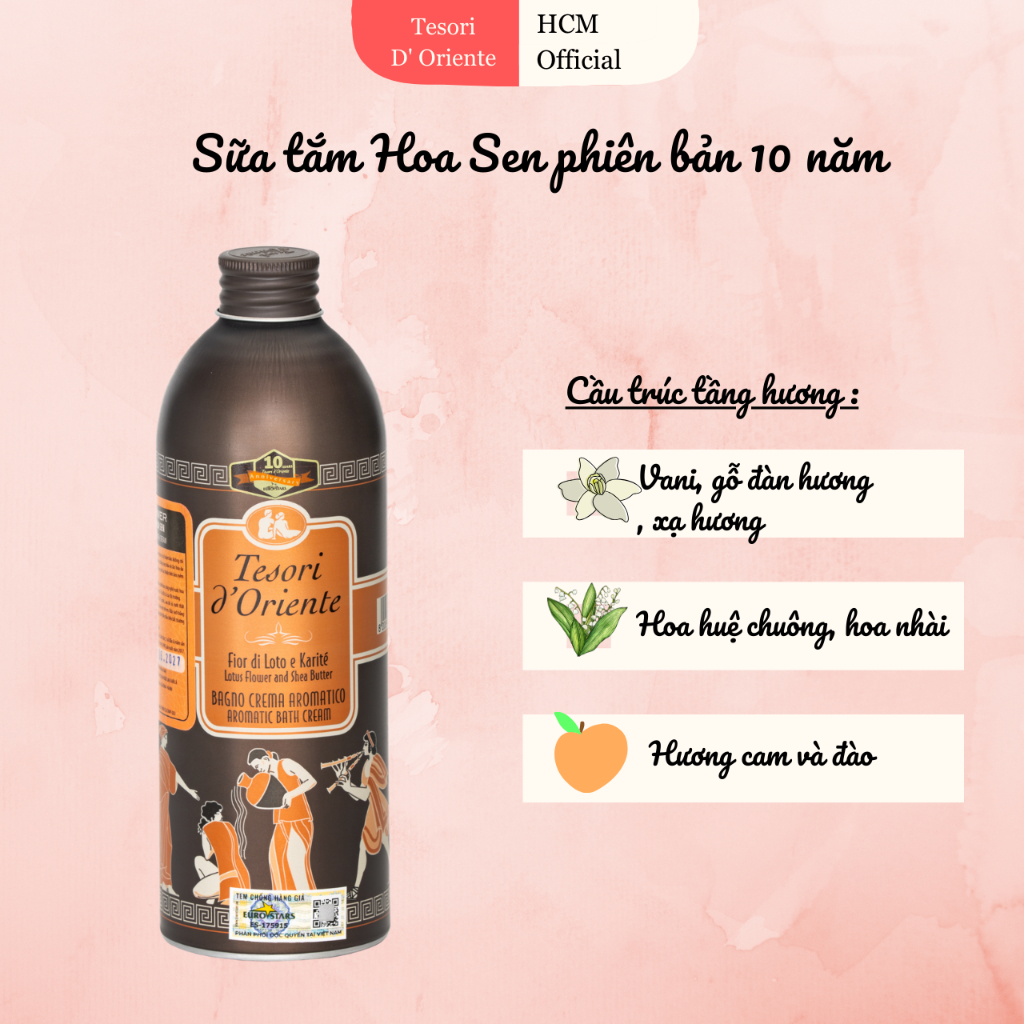 Sữa tắm nước hoa Tesori d’Oriente Hoa Sen 500ml nhập khẩu chính hãng từ Ý kèm vòi