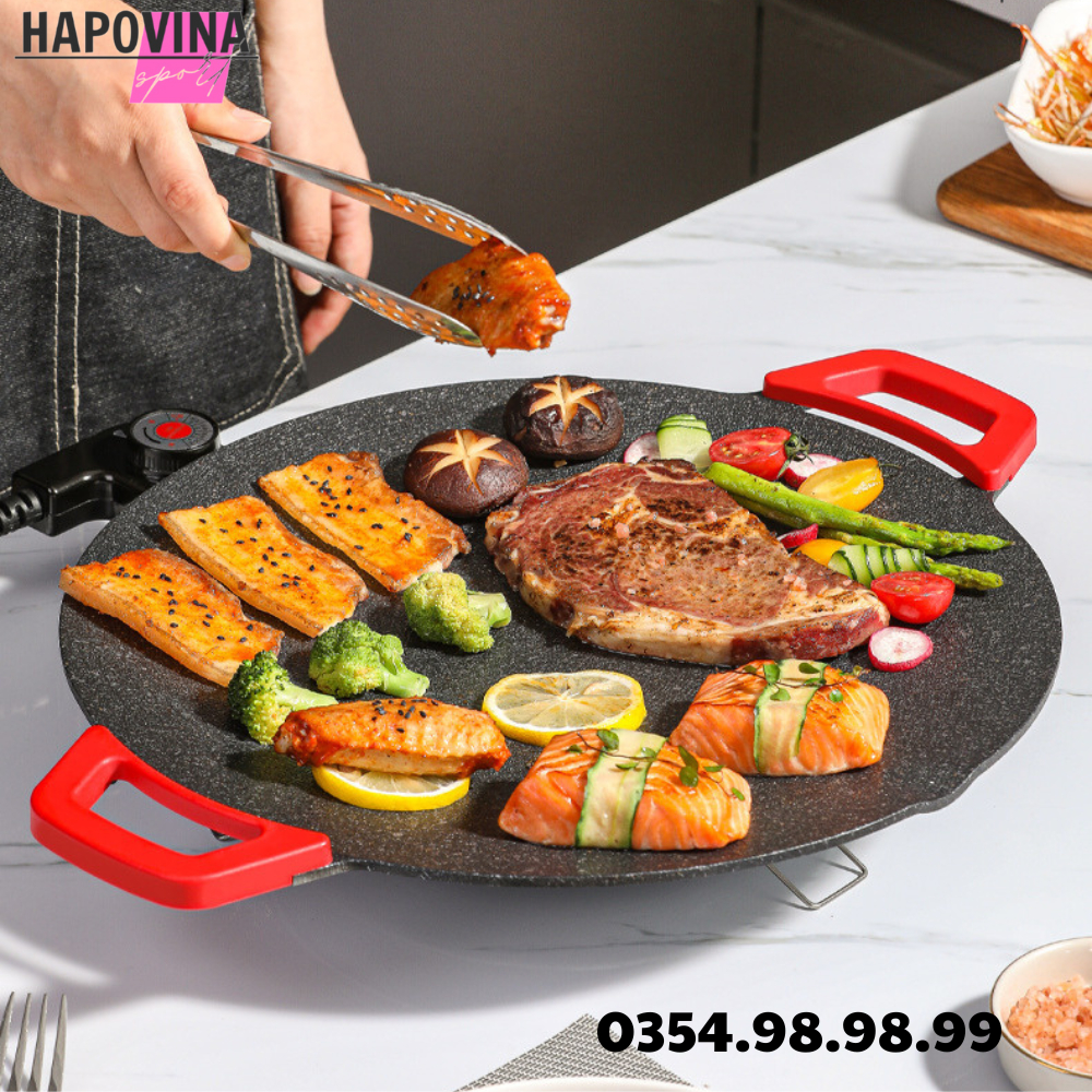 Chảo đá nướng điện chống dính, chảo nướng thịt BBQ phủ đá cao cấp, chảo điện nướng đa năng không cần dầu