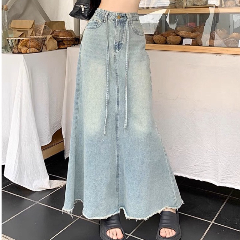 Chân váy jeans nữ đuôi cá dáng dài cạp cao xanh nhạt, chân váy jean siêu xinh tôn dáng hottrend 2023 Shop Hạt Dẻ