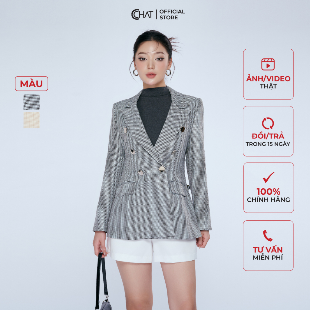 Áo Blazer Nữ 𝐂𝐂𝐇𝐀𝐓 Dáng Suông 6 Cúc Chất Tuytsi Cao Cấp Mềm Mịn 21EHS5008ST