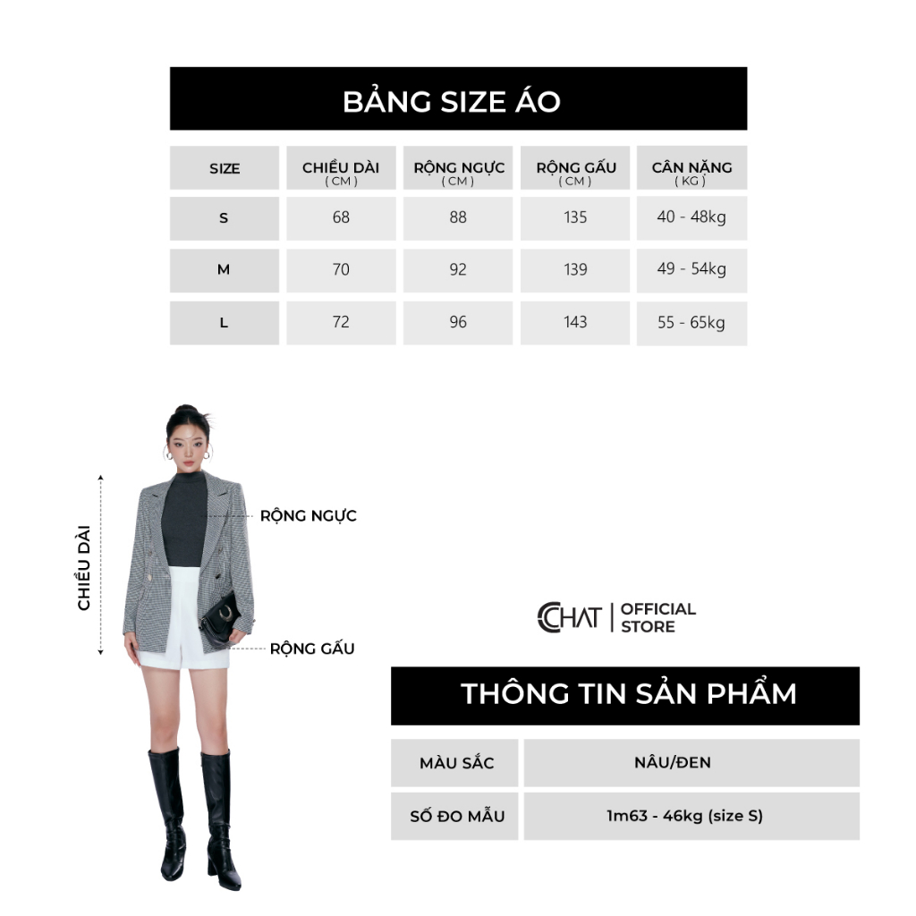 Áo Blazer Nữ 𝐂𝐂𝐇𝐀𝐓 Dáng Suông 6 Cúc Chất Tuytsi Cao Cấp Mềm Mịn 21EHS5008ST