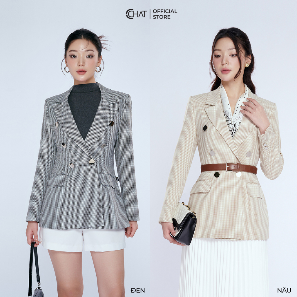 Áo Blazer Nữ 𝐂𝐂𝐇𝐀𝐓 Dáng Suông 6 Cúc Chất Tuytsi Cao Cấp Mềm Mịn 21EHS5008ST