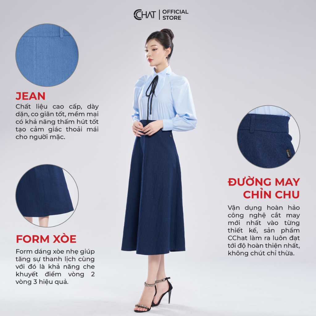 Chân Váy 𝐂𝐂𝐇𝐀𝐓 Dáng Xòe Chất Jean Cao Cấp Phong Cách Thanh Lịch 23CDJ2001XT