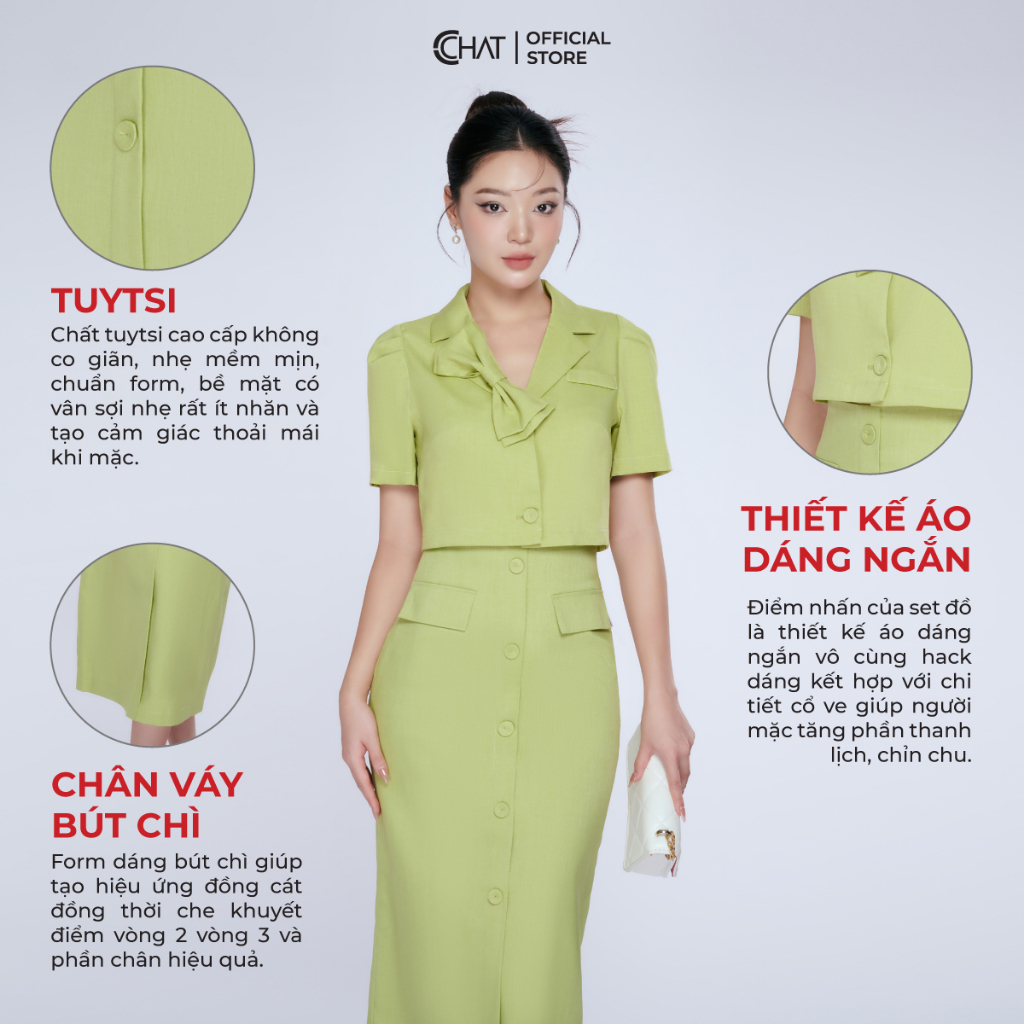 Set Đồ Nữ 𝐂𝐂𝐇𝐀𝐓 Áo Cổ Ve Kèm Nơ Croptop Chân Váy Bút Chì Chất Tuytsi Cao Cấp 13BNS2017OT