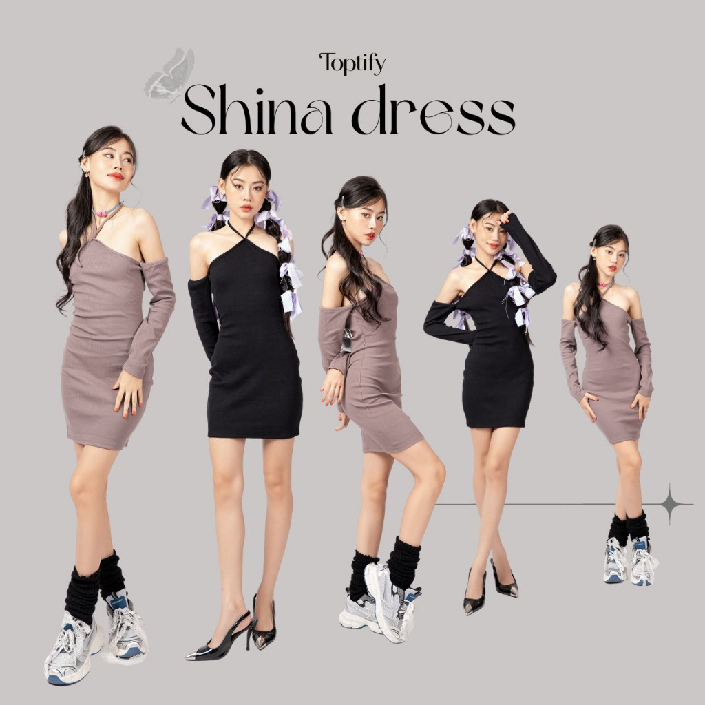 Đầm body dài tay TOPTIFY bẹt vai yếm cột cổ form ôm Shina Dress DT14