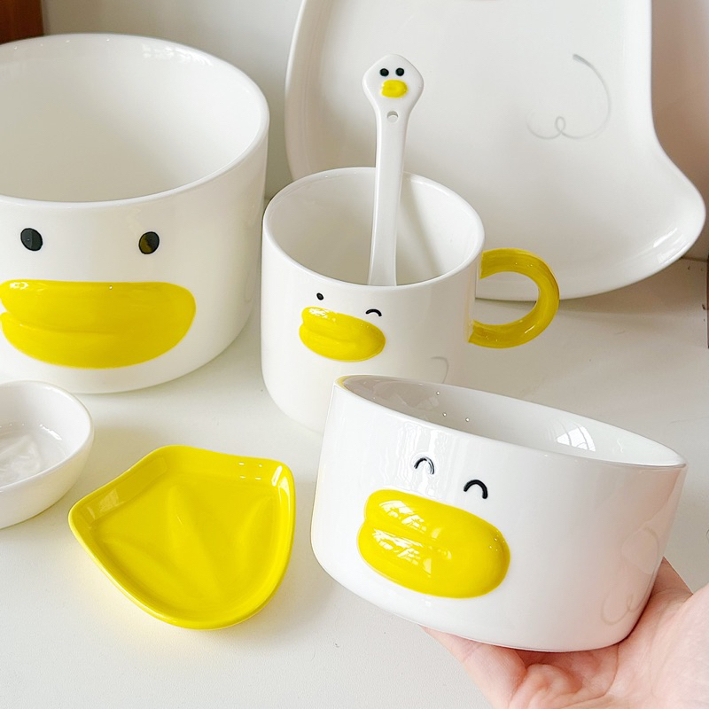 Set bát đĩa muỗng chén sứ trắng bé vịt môi dày