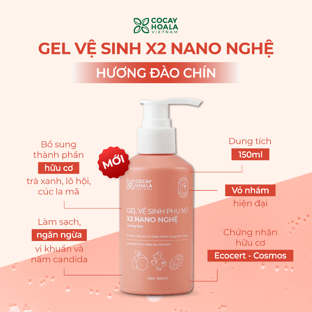 Dung dịch vệ sinh Phụ nữ Gel X2 Nano Nghệ Đào Cỏ Cây Hoa Lá - Đào Chín Hồng Mềm Mại Lưu Hương 24h - 150ml/chai