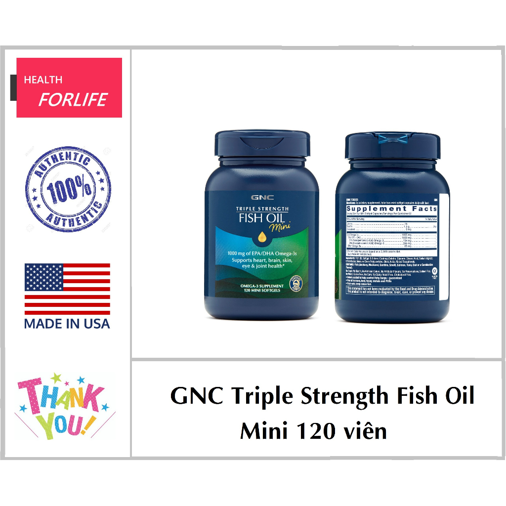 GNC Triple Strength Fish Oil Mini 1000mg Omega3s (120 viên) - Dầu cá hỗ trợ tim mạch, não, mắt, da và khớp