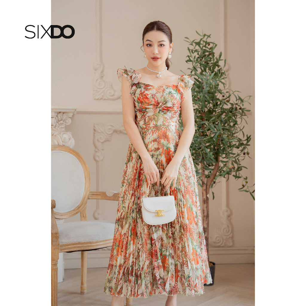 Đầm voan hoa SIXDO (Light Cyan Floral Pleated Midi Voile Dress)
