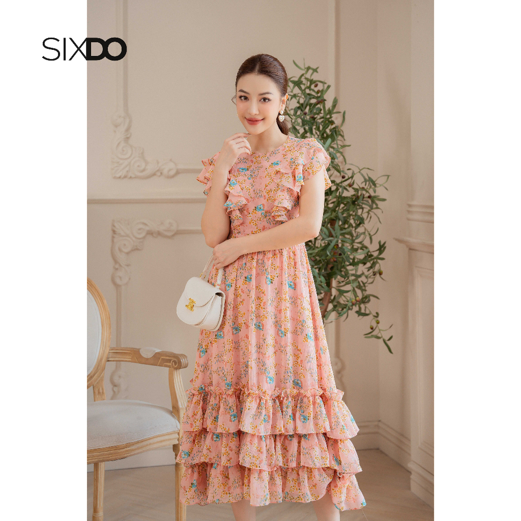 Đầm voan hoa tay bèo hến SIXDO (Peach Pink Floral Midi Voile Dress)