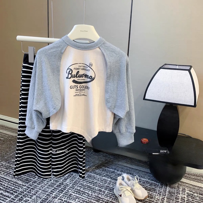 Bộ thu đông bé gái, set bộ áo da cá phối áo ngoài cotton cách điệu kèm quần kẻ ống suông cho bé 10-30kg