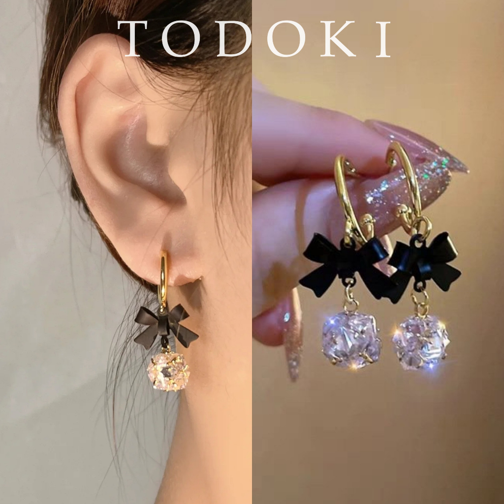 Khuyên tai chuôi bạc 925 dáng nơ đen sang chảnh TODOKI Accessories T017