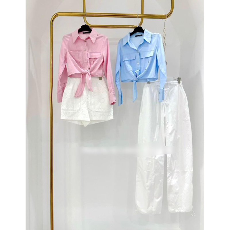 Sơ mi buộc eo 2 túi trước xinh chất linen mềm mát