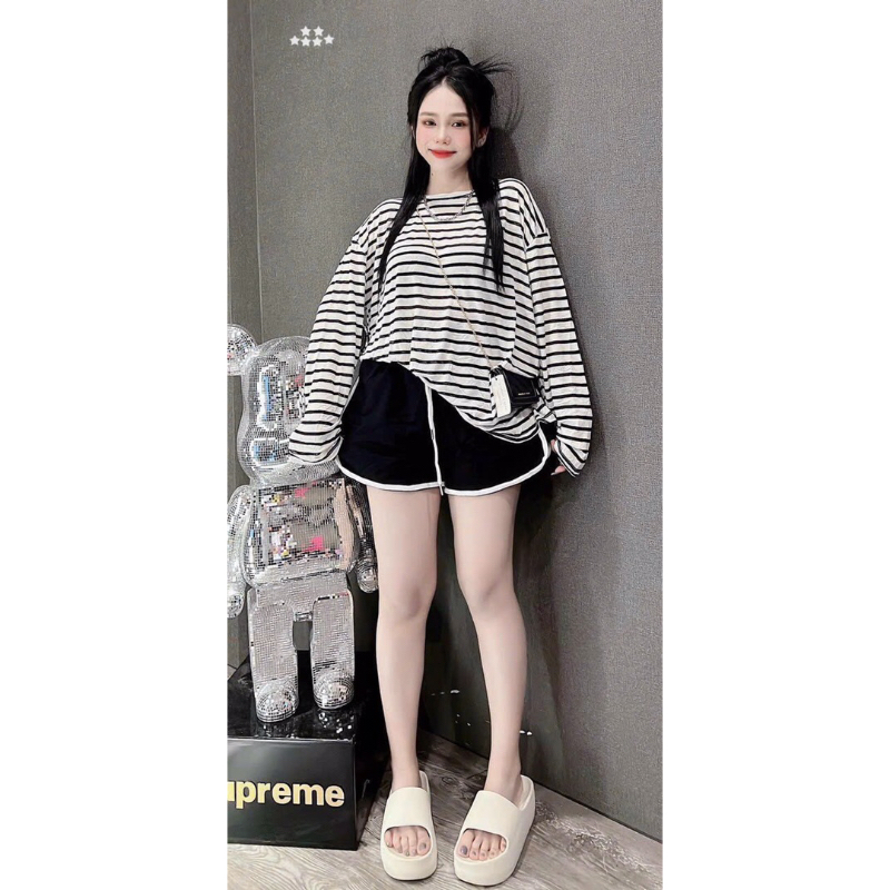 Set Bộ đồ Áo sọc Vằn Tay dài Quần Short Ngắn MaM, Set Bộ đùi kẻ sọc ngang Áo form rộng