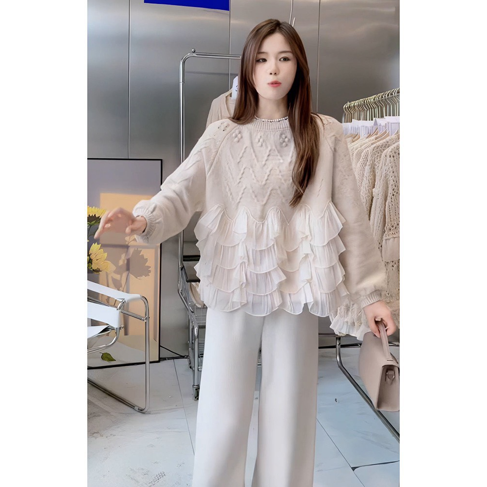 Áo len dài tay bèo tầng dưới lượn sóng