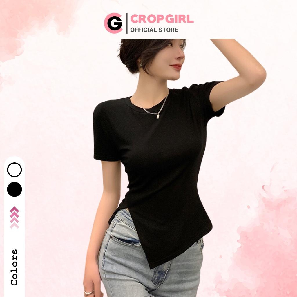 Áo thun nữ ôm body CROPGIRL thiết kế vạt nhọn xẻ tà chiết eo ôm body tôn dáng với 2 màu trắng đen chất vải mềm mại C34