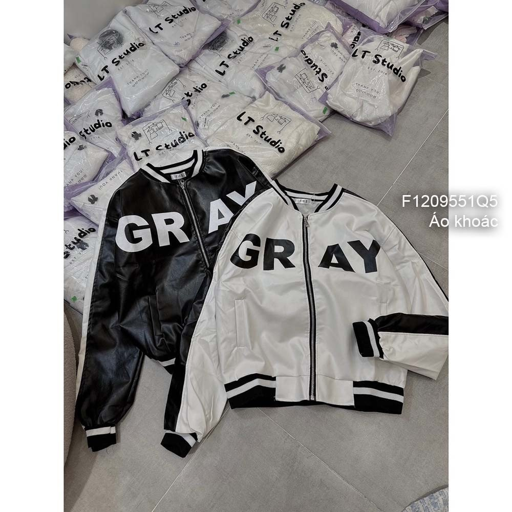 Áo khoác da phối thêu chữ GRAY dây kéo khóa phối màu tay dài bo viền hàng QC!