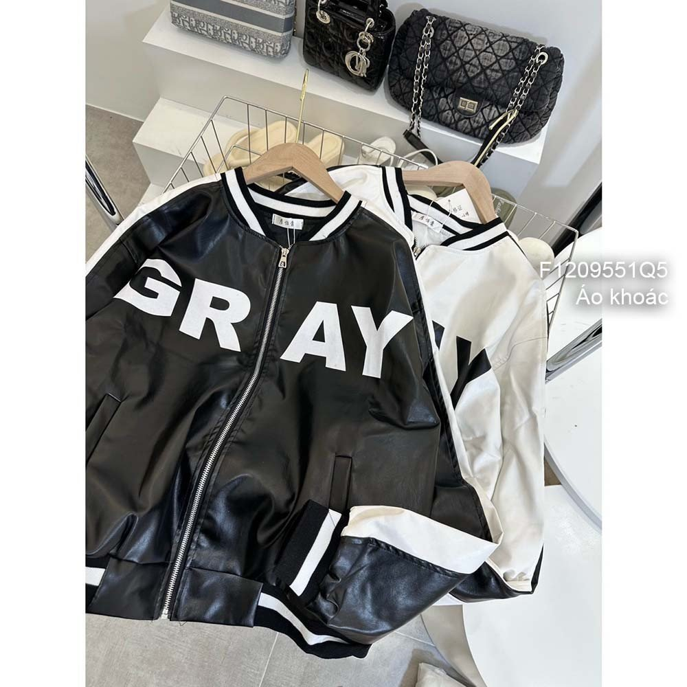 Áo khoác da phối thêu chữ GRAY dây kéo khóa phối màu tay dài bo viền hàng QC!