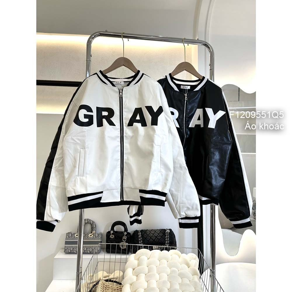 Áo khoác da phối thêu chữ GRAY dây kéo khóa phối màu tay dài bo viền hàng QC!