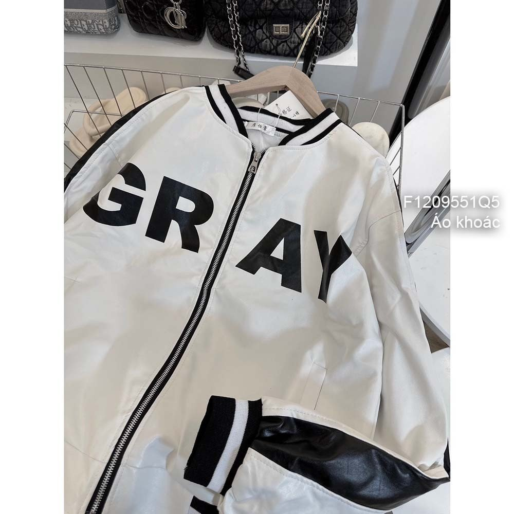 Áo khoác da phối thêu chữ GRAY dây kéo khóa phối màu tay dài bo viền hàng QC!