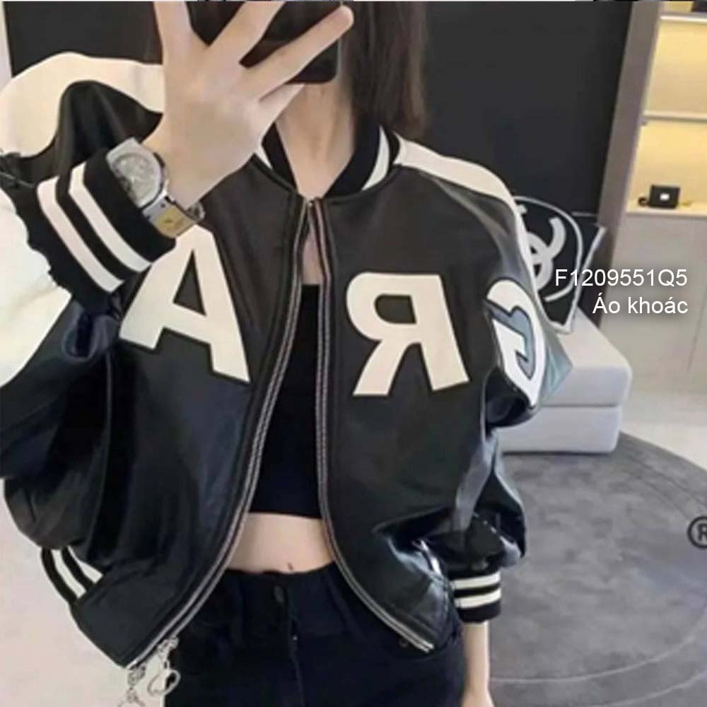 Áo khoác da phối thêu chữ GRAY dây kéo khóa phối màu tay dài bo viền hàng QC!