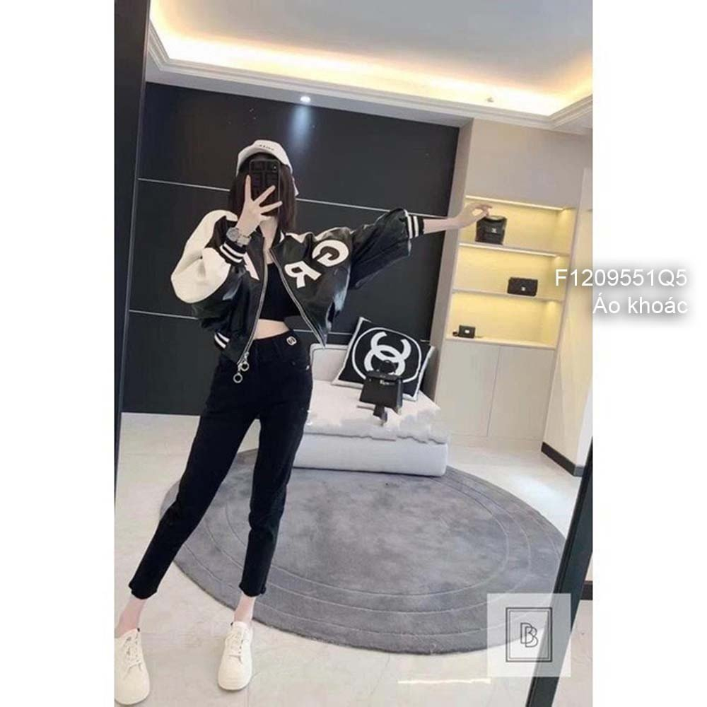 Áo khoác da phối thêu chữ GRAY dây kéo khóa phối màu tay dài bo viền hàng QC!