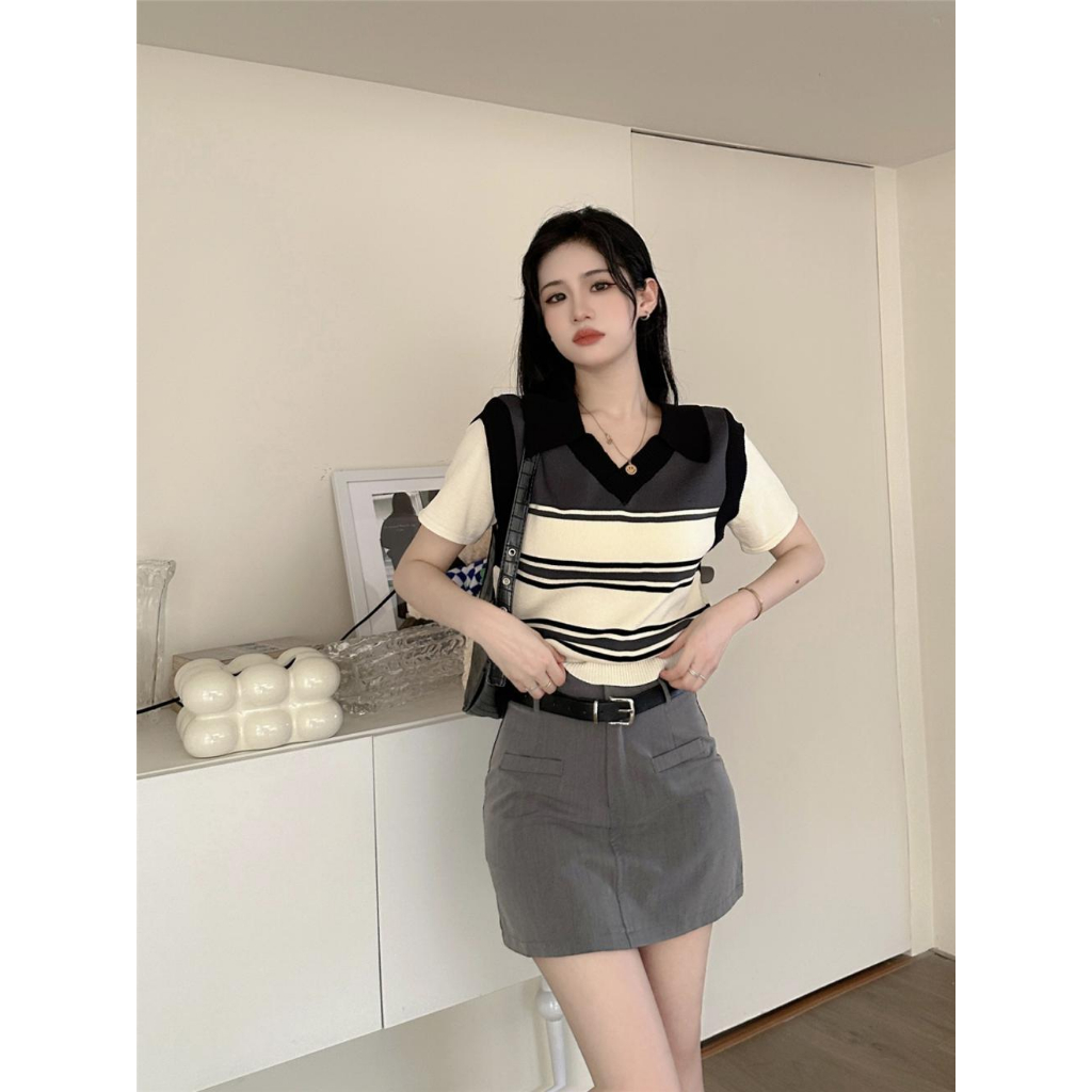 Áo len gile ngắn tay cho nữ  INFLACHI  dáng ngắn croptop họa tiết kẻ sọc ngang cá tính M115 N-24