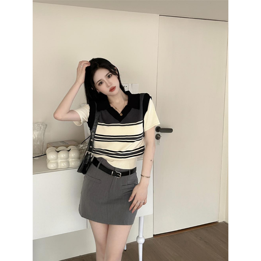 Áo len gile ngắn tay cho nữ  INFLACHI  dáng ngắn croptop họa tiết kẻ sọc ngang cá tính M115 N-24